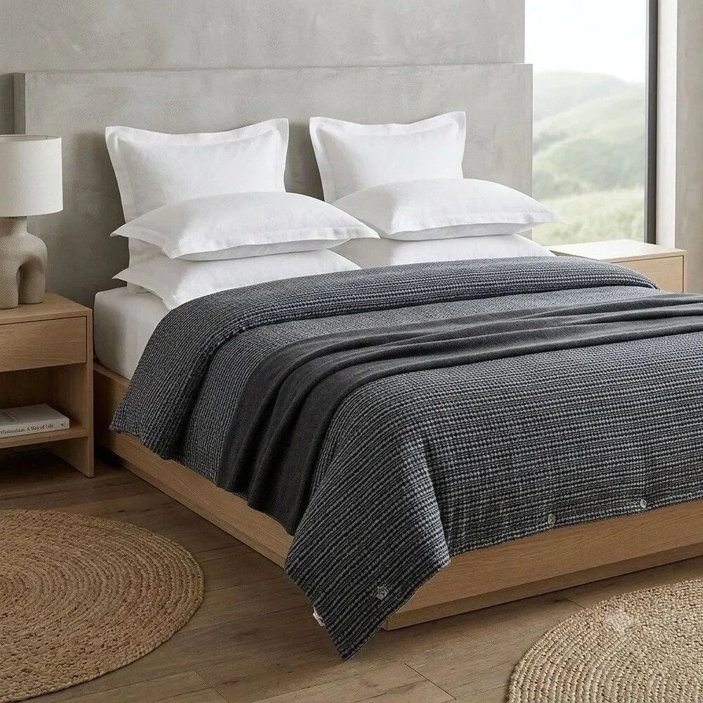 Pottery Barn King Size Duvet Cover Waffle Textured 100% Cotton Gray